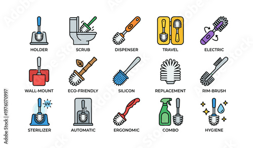 Assorted toilet brushes: holder, scrub, dispenser, travel, electric, eco-friendly, silicon, ergonomic