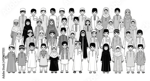 Group of diverse children in traditional attire, cultural representation.