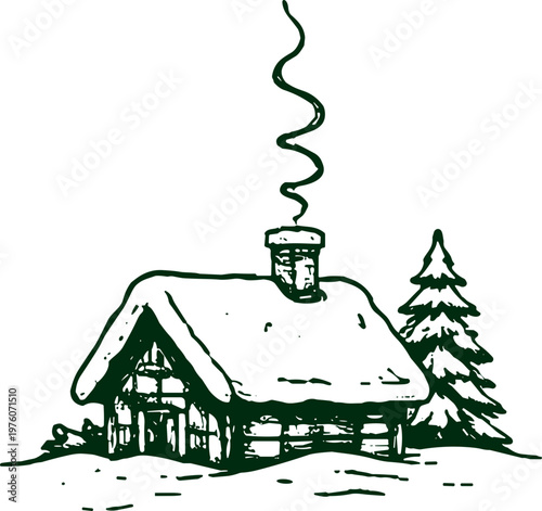 Cozy winter cabin with smoke rising from the chimney on a snowy day
