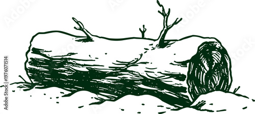 Stylized drawing of a fallen log covered in snow with bare branches