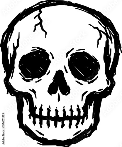 Hand-drawn skull illustration with a rough, sketchy artistic style