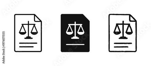 Legal Document with Scales of Justice Icon Set. Contract, Evidence, and Court Papers Symbol in Outline, Solid, and Hand-Drawn Styles.