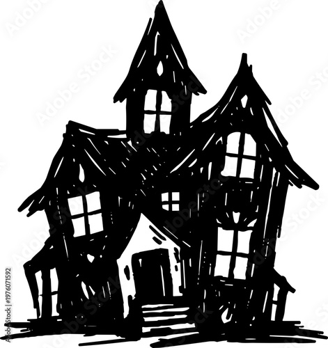Spooky haunted mansion silhouette with crooked windows and a dark, eerie atmosphere