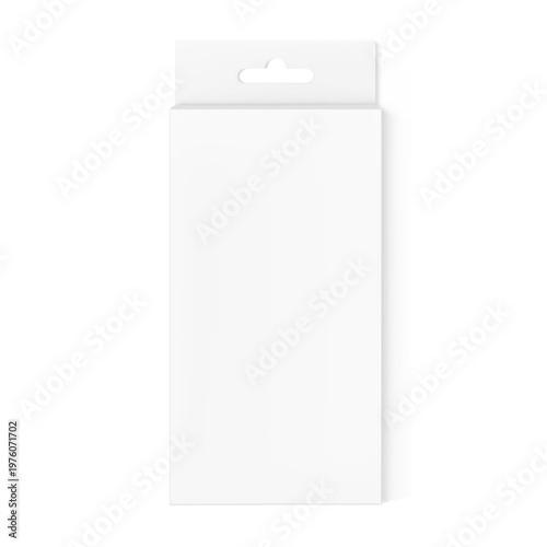 Hanging packaging box mockup. Front view. Vector illustration isolated on white background. Can be use of cosmetics, electronic and mobile accessories. Ready for your design. EPS10.