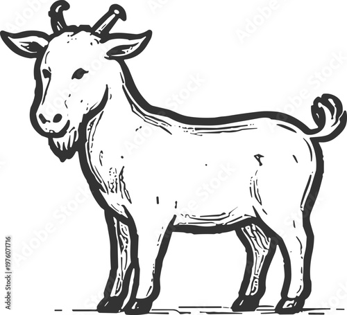 Charming hand-drawn goat illustration with horns and a beard, standing proudly