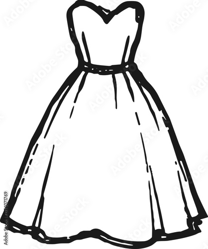 Elegant strapless ball gown with a full skirt, hand-drawn sketch style