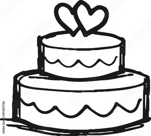 Hand drawn sketch of a two-tiered wedding cake with hearts on top