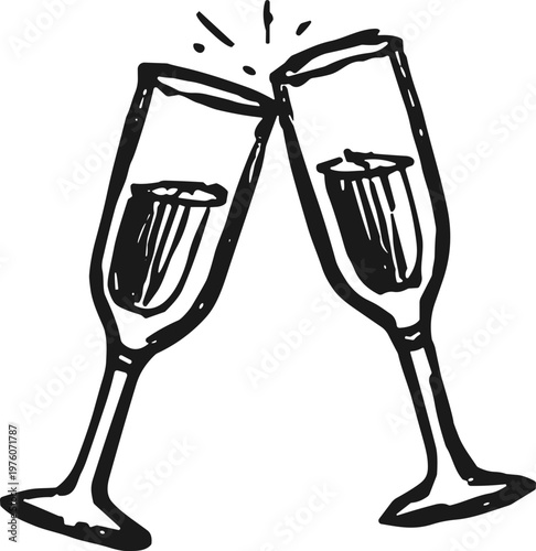 Two champagne flutes clinking together in a toast with bubbly liquid inside