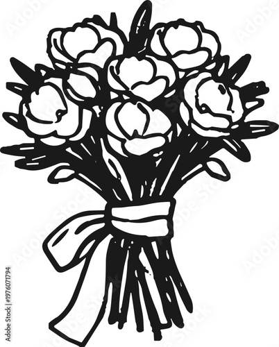 Hand-drawn bouquet of blooming flowers tied with a ribbon, simple line art illustration