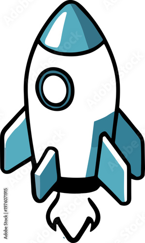 Cartoon rocket ship blasting off with blue accents and a circular window