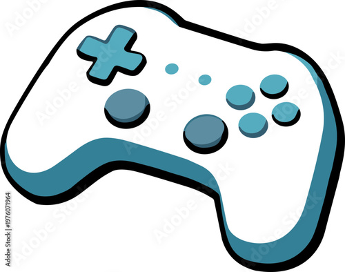 Modern video game controller with blue accents and a playful cartoonish style