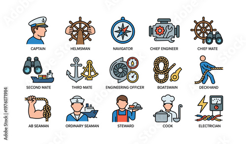 Nautical occupations and tools icon set featuring diverse maritime roles and equipment