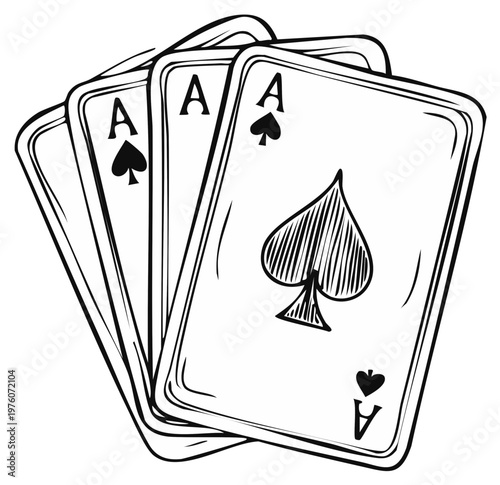 Four Aces of Spades Playing Cards Hand Drawn Sketch Style