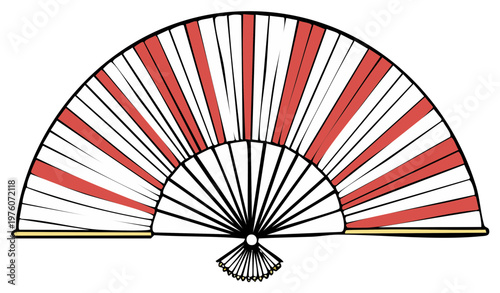 Striped handheld fan illustration in red and white semi circle pattern for summer or party decoration