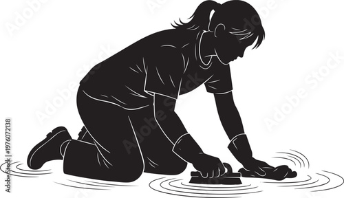 Woman kneeling cleaning floor with ripples of water and cleaning tool silhouette