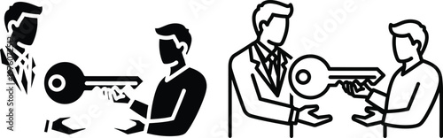 Real estate agent giving key to new homeowner vector icon set with silhouette and line art