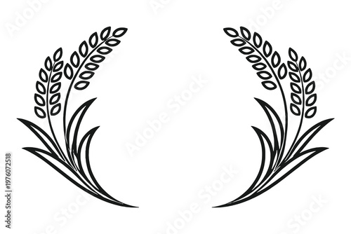 Rice wreath logo vector illustration in simple line art style with black and white agricultural emblem