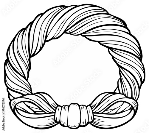 Hand-drawn line art illustration showcasing a circular wreath formation with ribbon and decorative knots providing elegant festive flair and ornamental accent