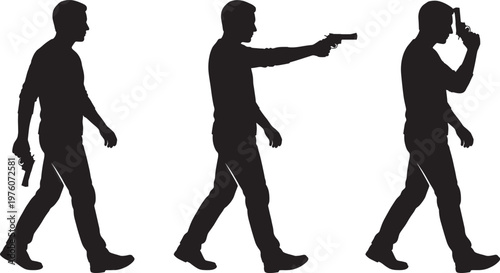 Set of man silhouettes holding and aiming handguns for action movie posters, security concepts, and crime thriller design elements isolated on white.