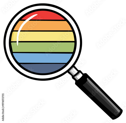 Magnifying glass examining rainbow colored bars illustration.