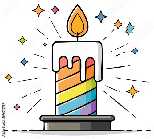 Rainbow candle with dripping wax and stylized stars isolated on white.