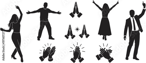 Silhouettes of people dancing, jumping, pointing, praying hands, clapping gestures, celebration, gratitude, expressive communication, joy, flat vector illustration