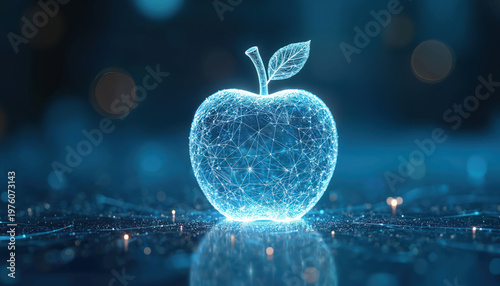Glowing digital apple with wireframe structure on dark blue background. Geometric network shape represents tech innovation and artificial intelligence. Futuristic concept art.