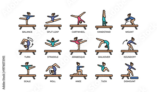 Female gymnasts performing various artistic balance beam moves in sequence