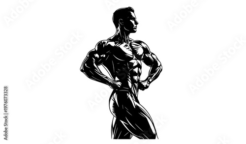 Side chest bodybuilder silhouette vector dynamic fitness pose strong muscular athlete isolated on white background
