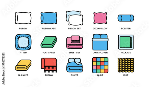 Colorful bed linen collection: pillows, sheets, duvets, and quilts