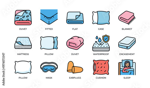 Bedding essentials: duvet, pillow, mattress, blanket, sleep accessories icons