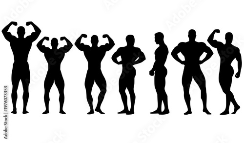 Bodybuilder silhouette collection set with multiple classic poses muscular fitness figures vector isolated on white