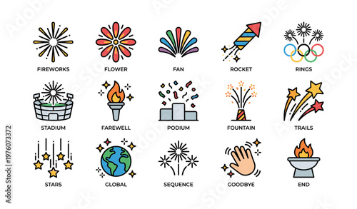 Colorful fireworks and celebration icons with global and farewell themes