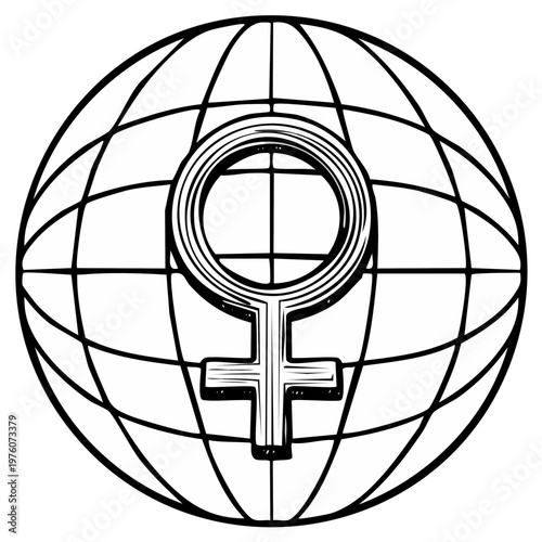 Female symbol superimposed on a globe representing global women's rights and equality