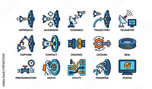 Spacecraft docking and guidance icons featuring telemetry and utility diagrams