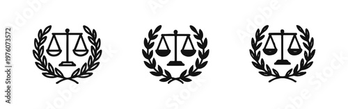 Justice Scales with Laurel Wreath Icon Set: Outline, Solid, and Hand-Drawn Styles for Legal Achievement Symbols