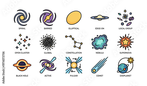 Illustrations of galactic phenomena including spiral galaxy and black hole