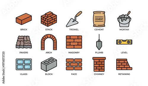 Construction tools and materials: brick, cement, trowel, pavers, level, masonry icons