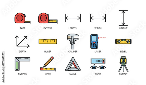 Measuring tools icons set with tape, ruler, caliper, laser, level, and more
