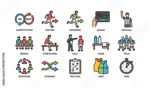 Soccer game icons set: substitution, signal, bench, stretching, dynamic, tactical, vest, stopwatch