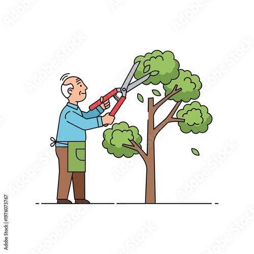 Older man pruning tree with large red shears in cartoon style with green and brown colors in flat illustration for gardening or landscaping