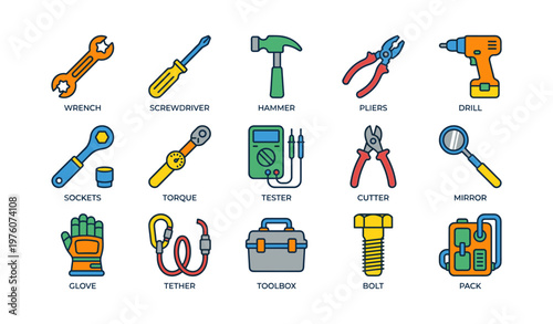 Colorful hand tools collection including wrench, screwdriver, hammer, and drill