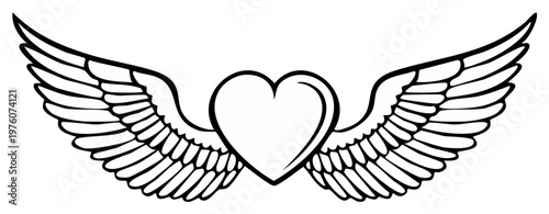 Stylized outline of a heart with outstretched feathered wings spreading outwards on a white background