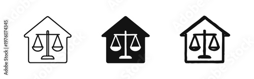 Home Law and Justice Scales Icon Set: Outline, Solid, and Hand-Drawn Styles for Domestic Legal Service Symbols