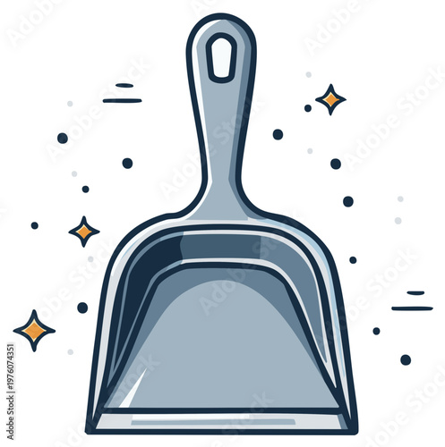 Clean dustpan illustration with handle and sparkle elements representing cleaning