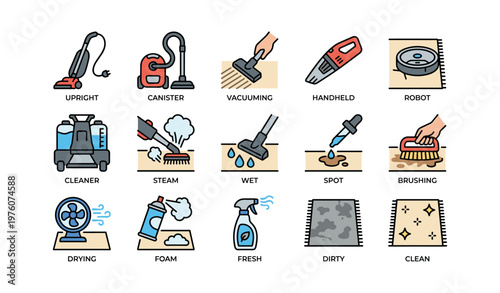 Various vacuum cleaners and cleaning tools icons