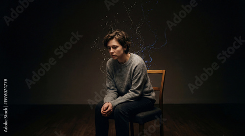 Person sits on a chair in a dark room with lights around their head while deep in thought