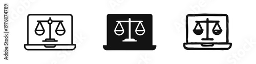 Online Legal Services and Digital Justice on Laptop Screen Icon Set