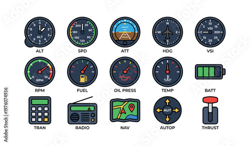 Aviation instruments: altimeter, speedometer, attitude, heading, vertical speed indicators