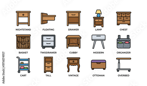 Variety of bedroom furniture icons: nightstand, chest, lamp, basket, cart, overbed